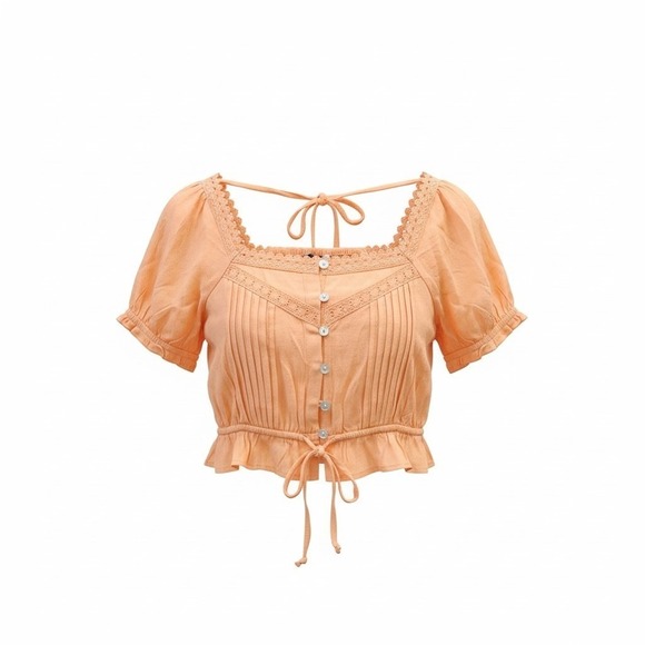 Olivaceous Tops - NWT Olivaceous Smocked Puff-Sleeve Cropped Peasant Blouse with Lace TrimS Boho S